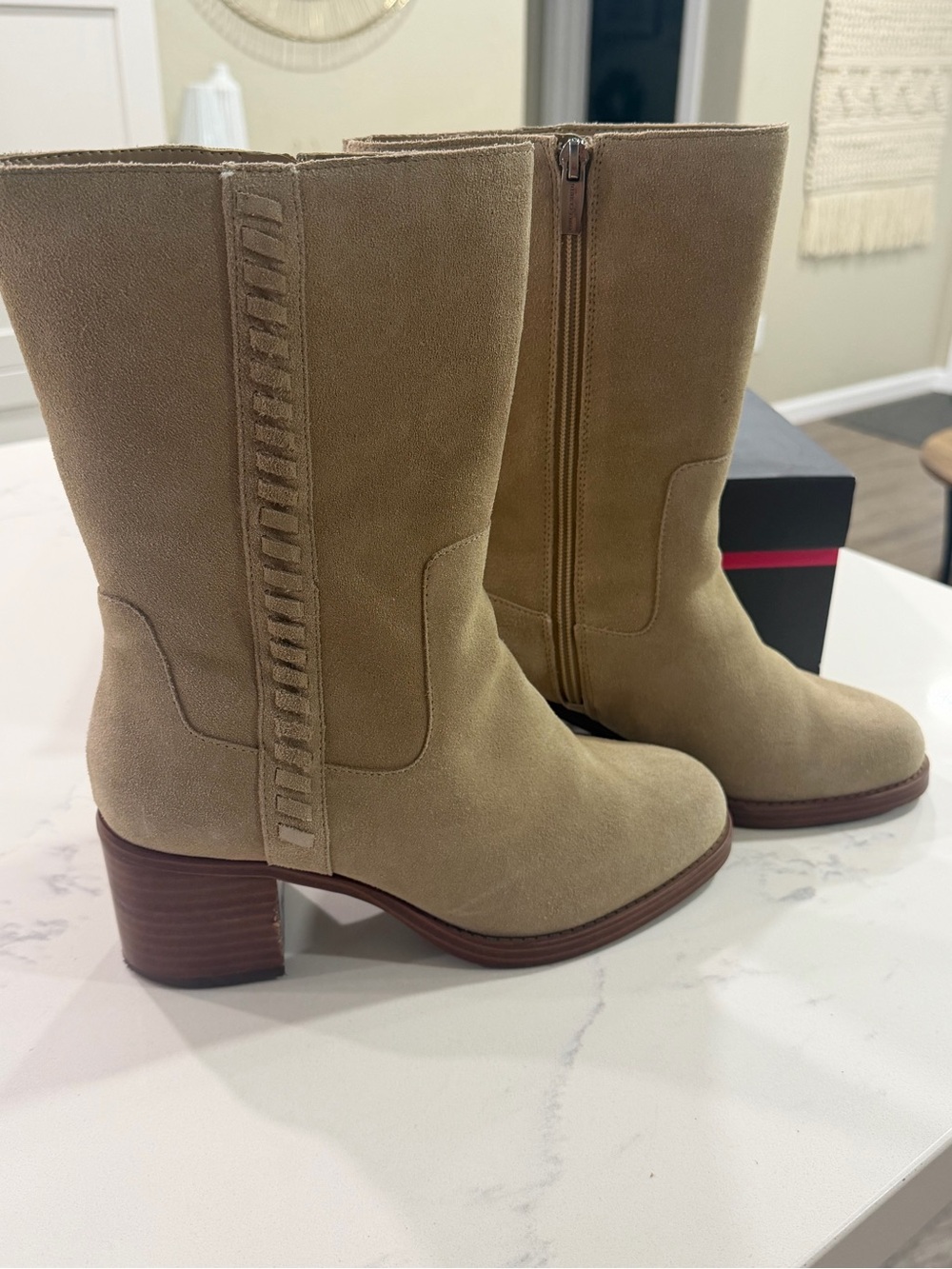 Vince Camuto Cream Suede Mid-Calf Block Heel Boots